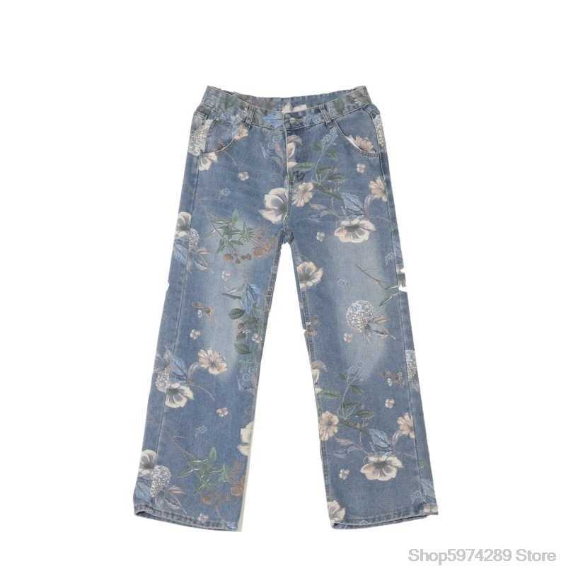 2024 Mens Fashion Floral Printed Jeans Korean Style Autumn Denim Pants High Street Loose Trousers Hip Hop Wide-leg Jean PantsX241009