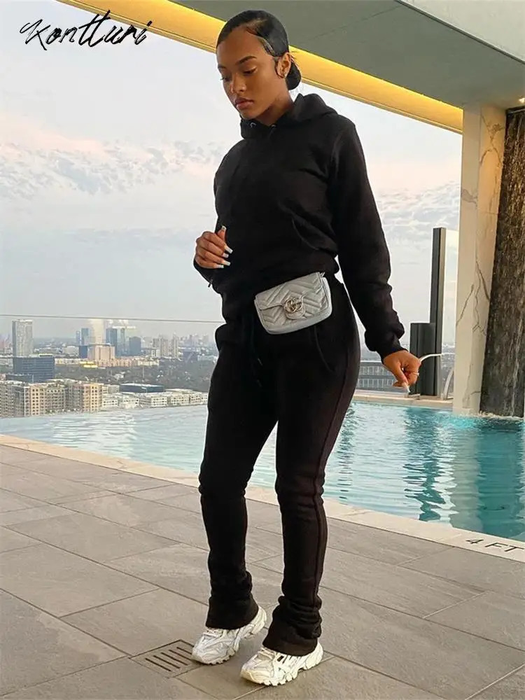 Kontturi Autumn Set Two Piece Womens Long Sleeve Black Hoodie Casual Pink Solid Shining Pants 240929