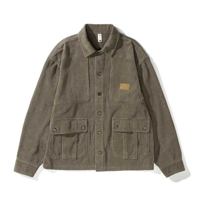 Mens fashion vintage corduroy coffee color cargo shirt casual loose coat LX241009
