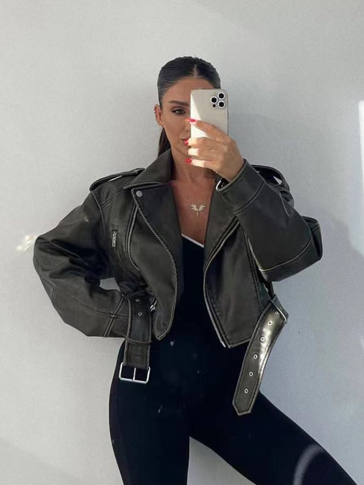 ZACK RAIN Women Faux With Belt Jacket 2022 Autumn Winter Ladies Leather Buckle Coat Vintage Zipper Female Chic Outwear