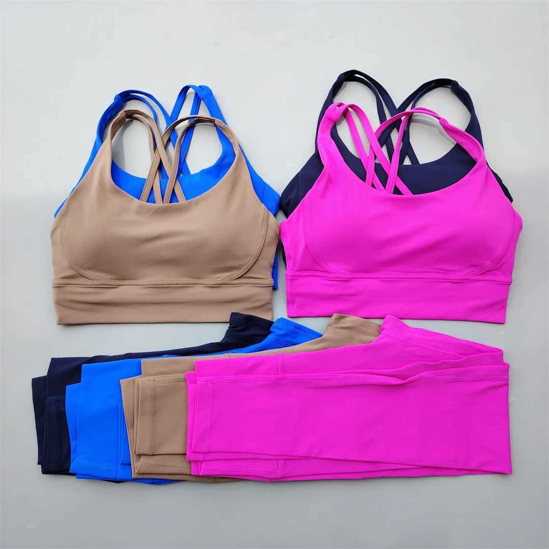 2-piece gym womens exercise set sexy yoga set solid color cross back bra leg Pilates exercise fitness set soft and comfortable W241008