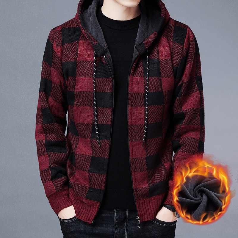 Men Sweater Jacket Fashion Winter Coat Fleece Hoodies High Quality Checkered Hooded Knit Cardigan Male Outer Wear 240914