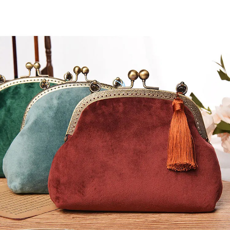 Womens Retro Handmade Velvet Minimalist Simple Hanbok Bag Womens Chinese Wedding Edge Small Size Phone Side Strap Shoulder Bag 241008