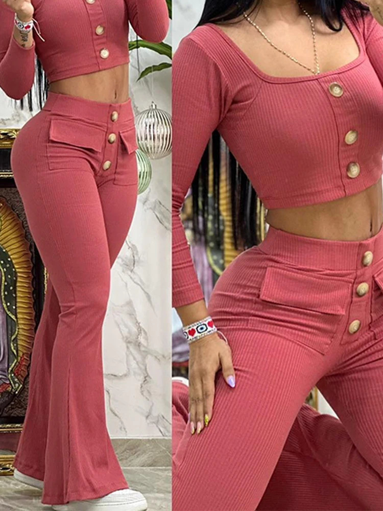 Elegant Womens 2piece Spring Autumn Fashion Square Neck Button Top Pocket n Flared Pants Set Tracksuits 241007