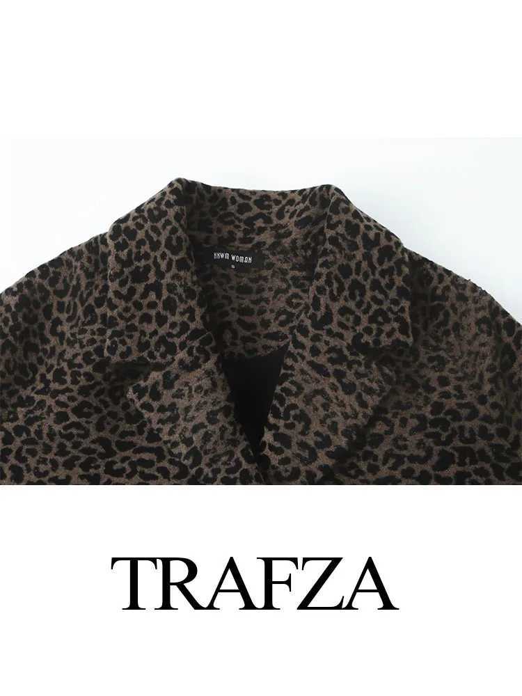 TRAFZA Women Elegant Lapel Pocket Single Breasted Design Casual Slim Coat Woman Autumn Leopard Print Long Sleeves Loose CoatX241009