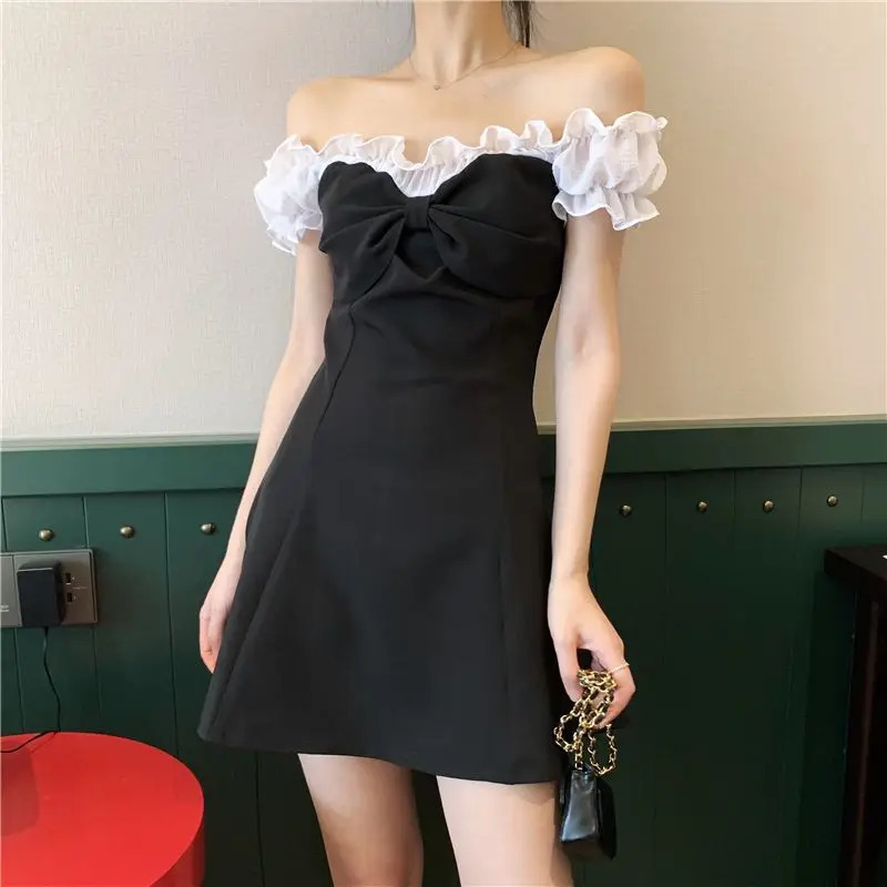 Womens clothing summer pull short sleeved patch work embroidery flame bow line party office womens knee ski dress 241007