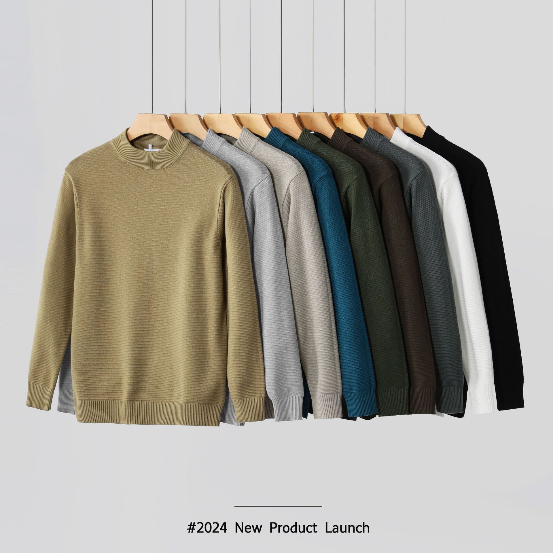 2024 new designer winter men's half height men's long sleeved autumn basic style solid color warm interior mid neck knitted bottom sweater