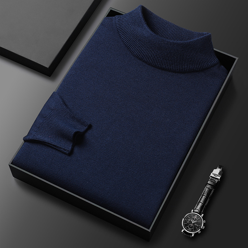 2024 new designer winter semi high neck knitted base sweater for middle-aged and young men, slim fit solid color hoodie in multiple colors