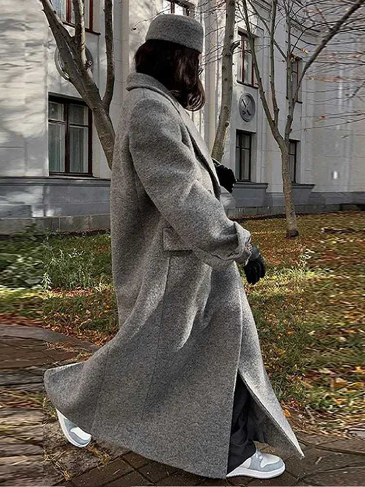 Elegant Faux Fur Long Coat Women Long Sleeve Lapel Loose Woolen Female Maxi Outwears 2024 Autumn Winter Luxury Gary Lady JacketsX241009