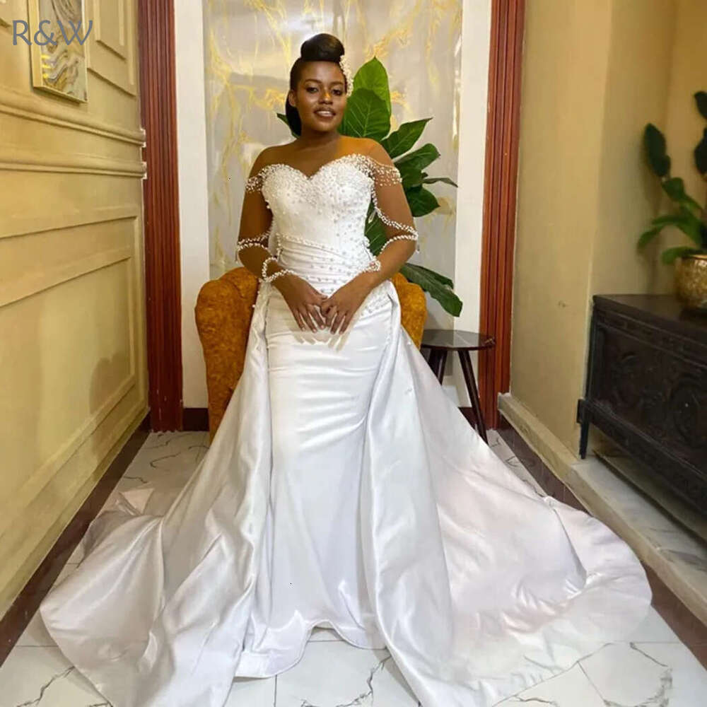 R&W 2024 Plus Size Bride With Detachable Train Mermaid Wedding Dress Bridal Gowns Sheer Neck Long Sleeves Beaded Pearls Marriage Gown For Women D302