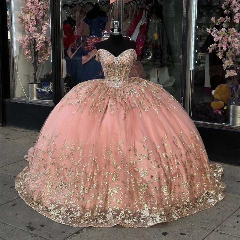 Luxury Pink Shiny Quinceanera Dresses Ball Gown Off The Shoulder Gold Sequin Appliques Lace Beading Tull Sweet 16 Dress Vestido De 15 Anos