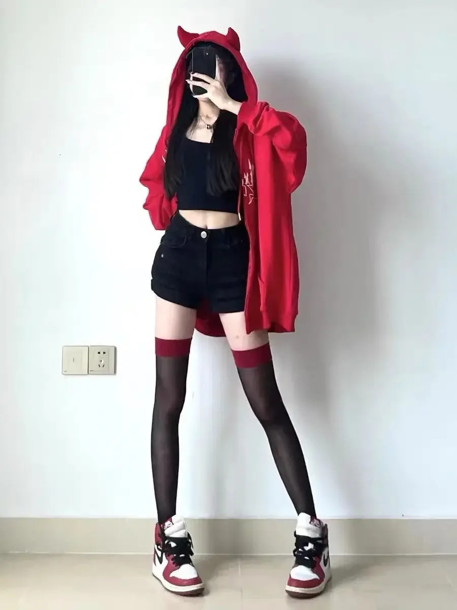 niche devil horn hat cardigan sweatshirt for men and women autumn and winter plus velvet loose top jacket trendy Y2K 241009