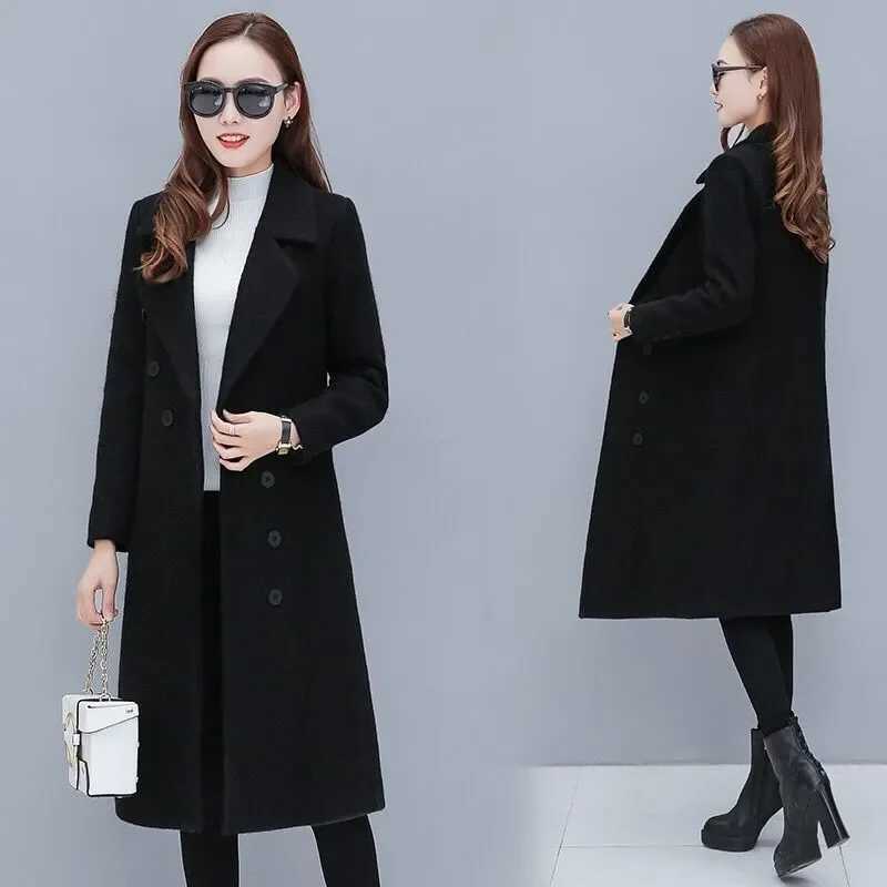 Female Woolen Coat Velvet 2023 Womens Double-Breasted Woolen Coat Spring and Autumn Woolen Coat Fashion Suit Collar ThickTrenchX241009