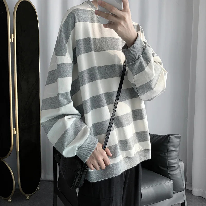 Spring Autumn Mens Fashion Striped Tshirt Youth Round Neck Long Sleeve Bottomed Shirts Pullover 241009