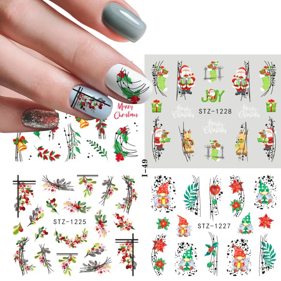 Cute Christmas Stickers Red Santa Claus Winter Human Model 4-in-1 Christmas Snowflake Leaves Waternail Stickers Tattoo DIY Decoration 241008