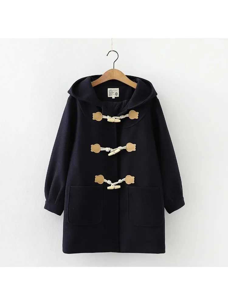 Winter Thick Hooded Blends Women Tender Sweet Horn Button Preppy Style Casual Girl Baggy Japanese Fashion Pockets Warm OvercoatsX241009