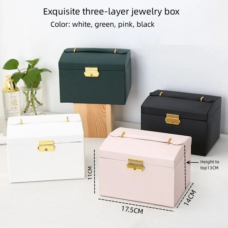 1 multifunctional three-layer leather drawer style jewelry box earring lock jewelry box 240924