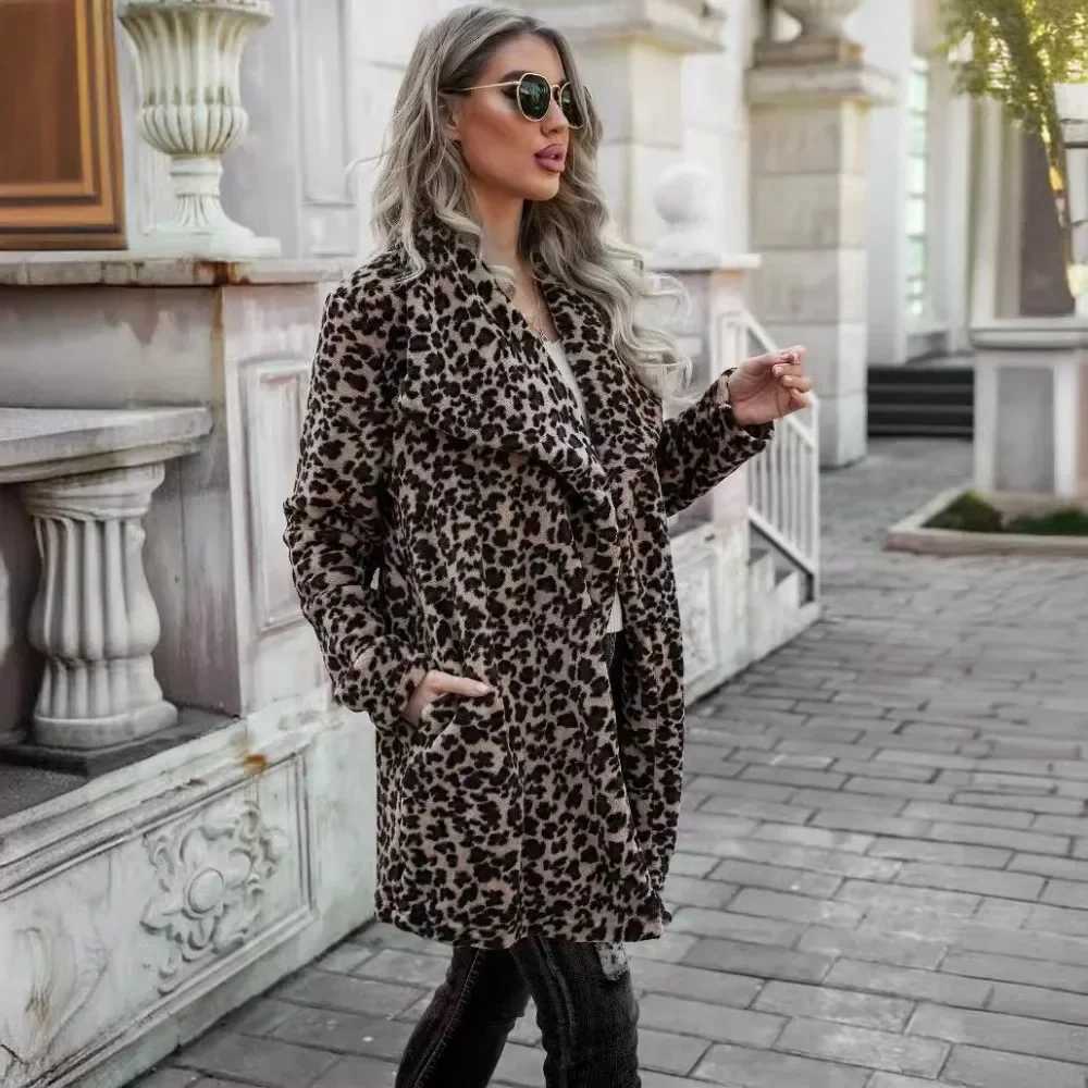 Leopard Print Woolen Coats Mid Length Fashion Casual Jackets Comfortable Long Sleeves Streetwear Ladies Autumn WinterX241009