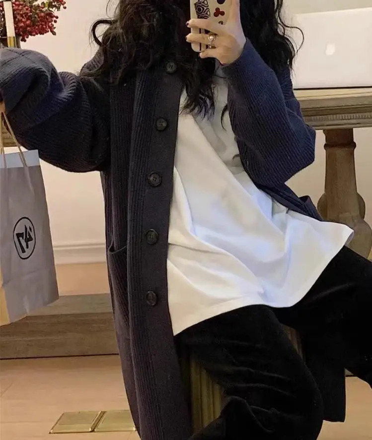 Womens long sleeved knitted cardigan solid casual single chest high neck double pocket jacket winter coat 241007