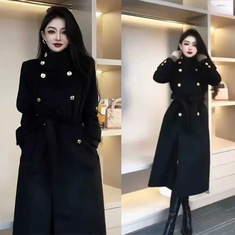 Spring Autumn 2024 New Woolen Windbreaker Jacket Womens Overcoat Loose Double-Breasted Lace-Up Pocket Slim Mid-length CoatX241009