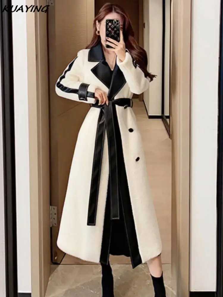 Autumn Winter Midi Woolen Coat Elegant and Chic Black White Patchwork Wool Overcoat with Belt Fashion Outerwear Female ClothesX241009