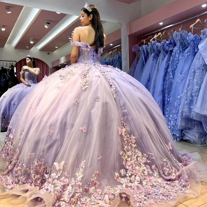 Mexican Lavender Quinceanera Dresses Ball Gown Beaded Lace Appliques Bow Tull Sweet 16 Dress Princess Lace Up Vestido De 15 Anos