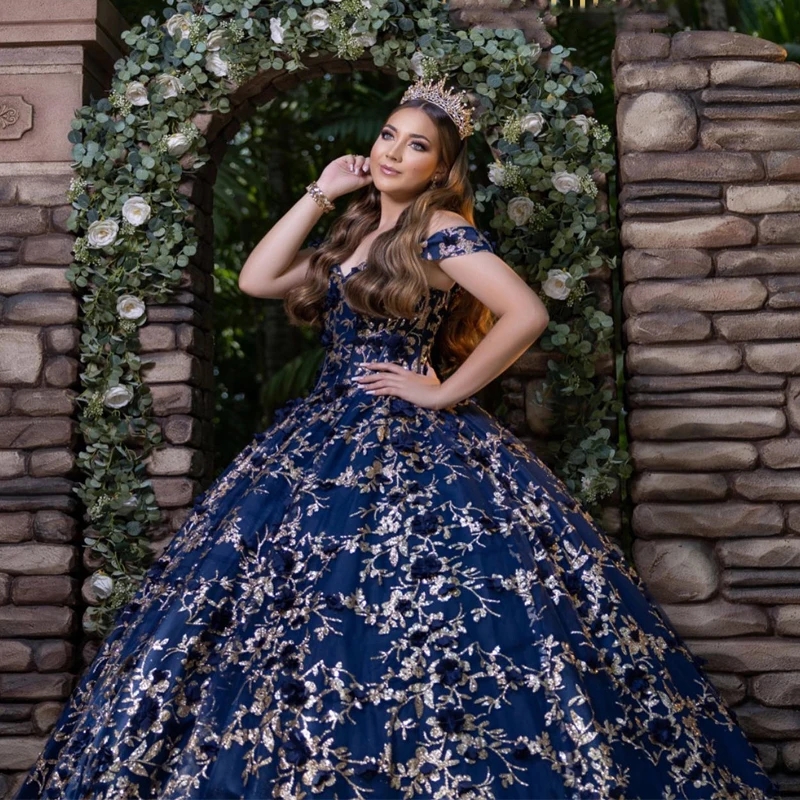 Navy Blue Off The Shoulder Ball Gown Quinceanera Dresses Sequined Appliques Lace Flower Beads Tull Corset Vestidos De 15 Anos Sweet 16 Dress