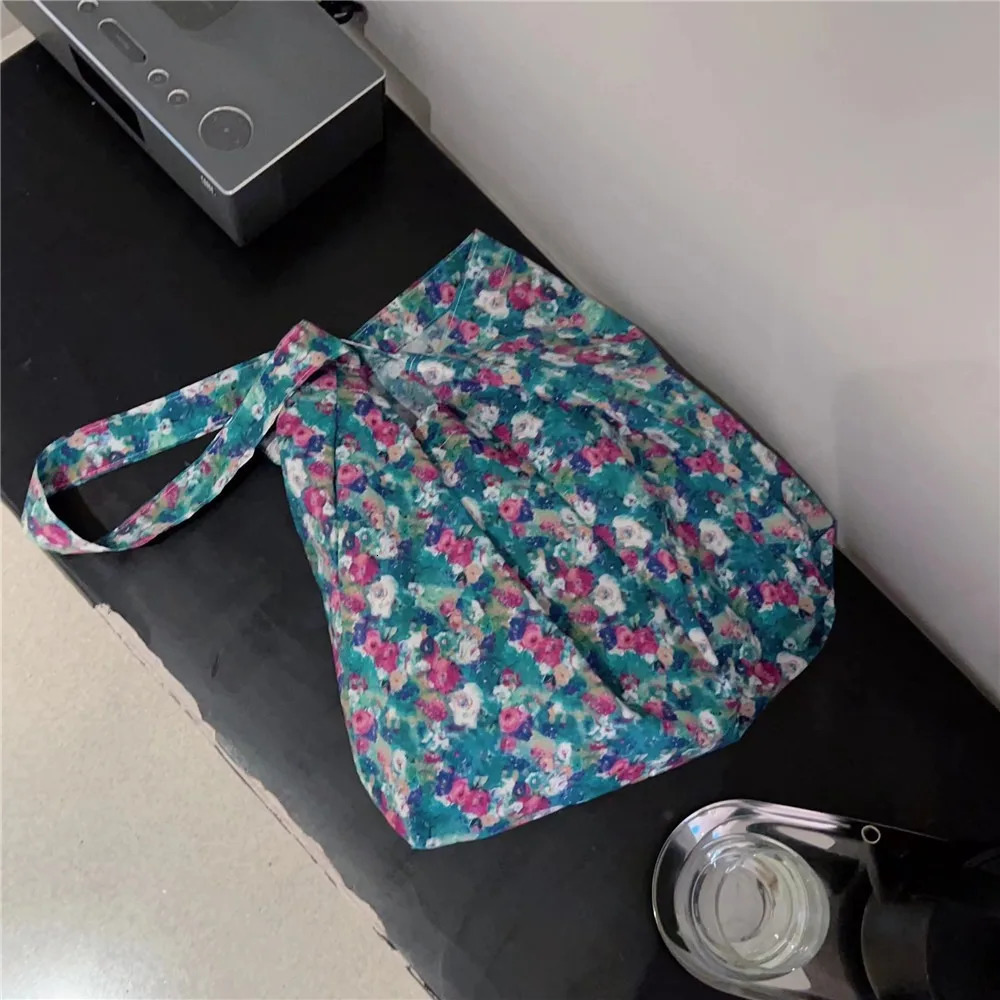 Floral Shoulder Bag Elegant Cotton Canvas Lazy Style Messenger Bag Large Capacity Shopping Bag for Women 241008