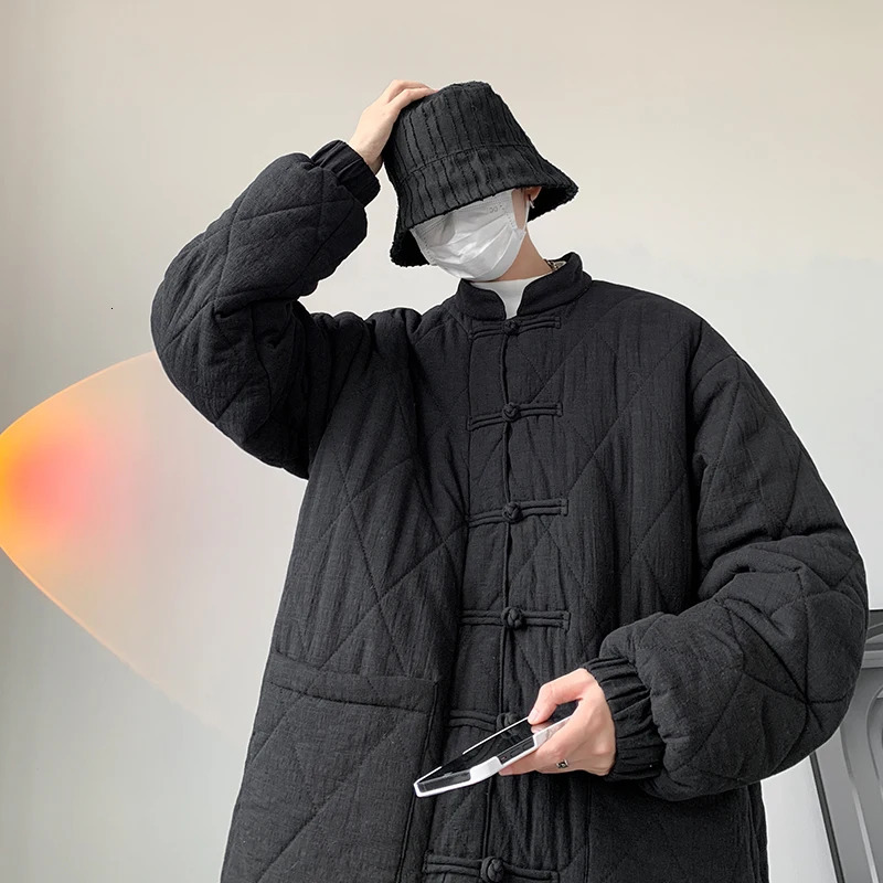 Chinese style mens winter jacket with cotton pads for warmth Tang style cotton shirt stand collar park jacket Plus size 8XL 241007