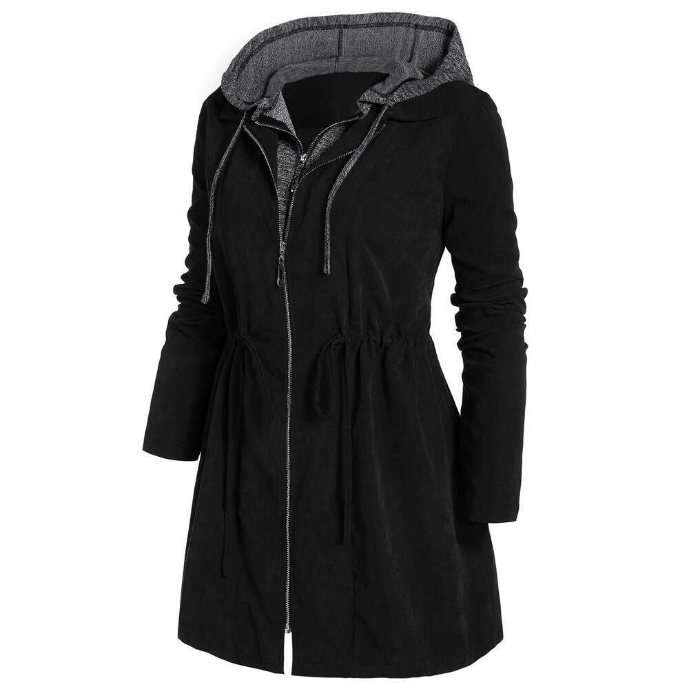 Mid to long womens autumn and winter coat with double zipper fake two-piece hooded plus size stylish clothes for women