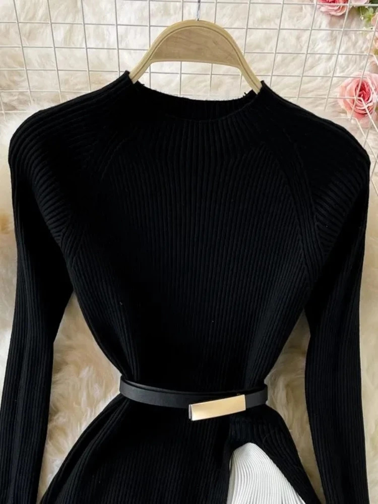 Autumn and Winter Womens Gradient Color Patchwork Sweater Elegant Long Sleeve Midi Knitted Party Vest with Belt 241007