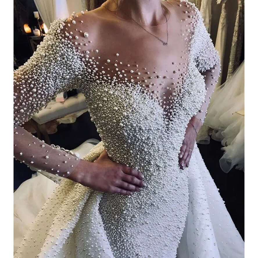 2022 Pearls HOT Mor Mermaid Dresses Sheer Crew Neck Long Sleeves See Through Wedding Gowns With Removable Train Bridal Dress