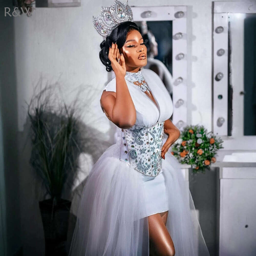 R&W 2024 Short For Bride Wedding Dresses Gowns High Neck Illusion Bridal Dress Rhies Crystals Decorated Sequined Lace Gown for Marriage D234