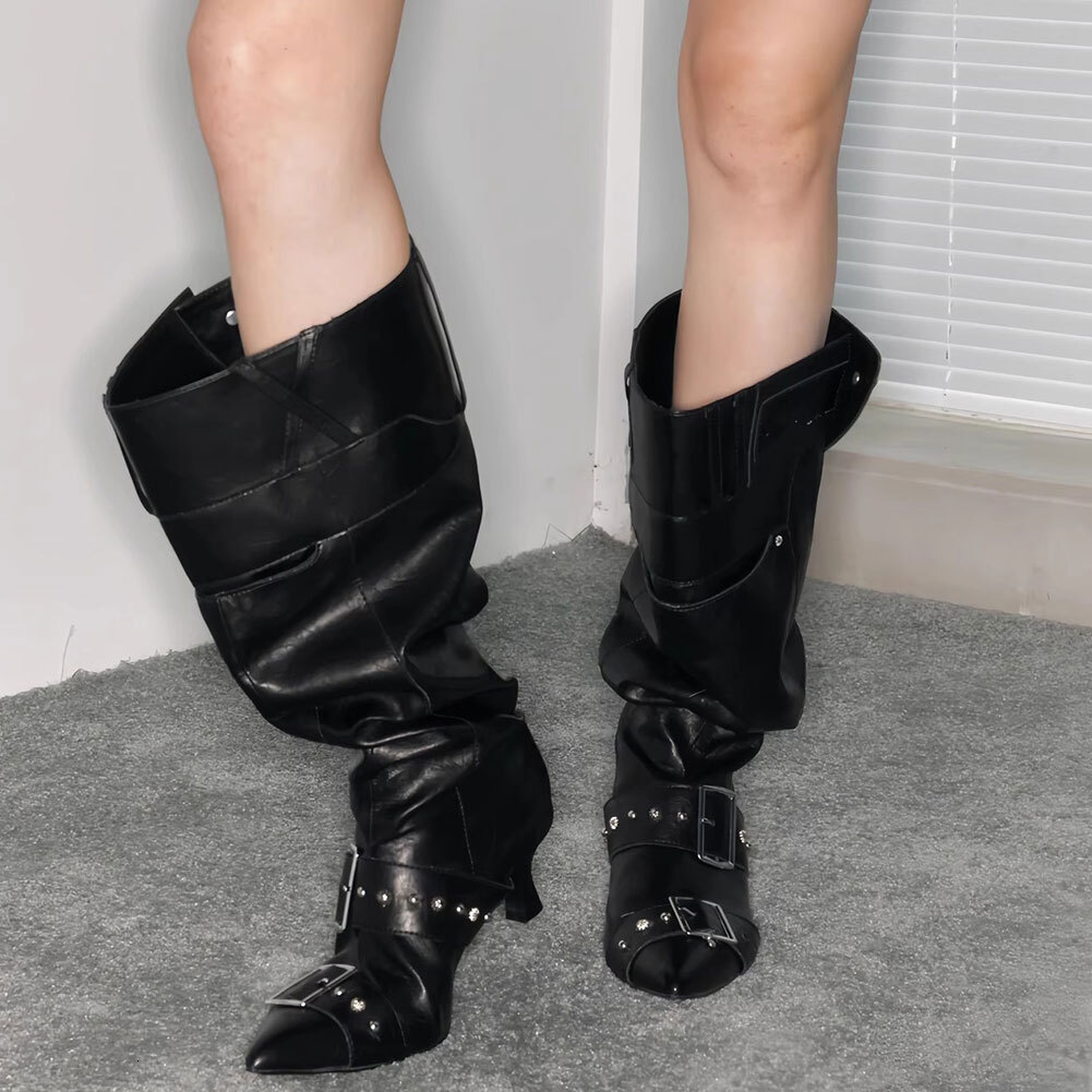 Brand New Vintage Bronze Kitten Heels Pleated Elegant Pointy Toe Modern Lady Mid-Calf Boots Shoes With Buckle