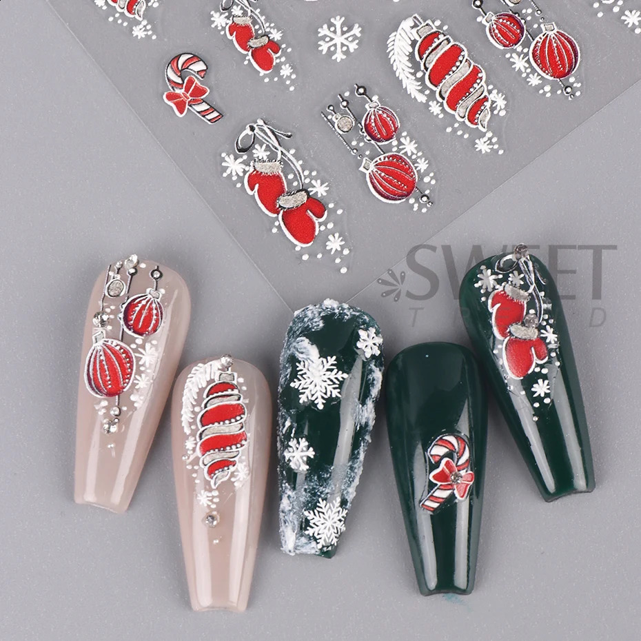 5D Red Christmas Nail Stickers Sparkling Embossed Snowflake Gloves Badminton Bells Winter Christmas DIY Carving Handmade Decoration 241008