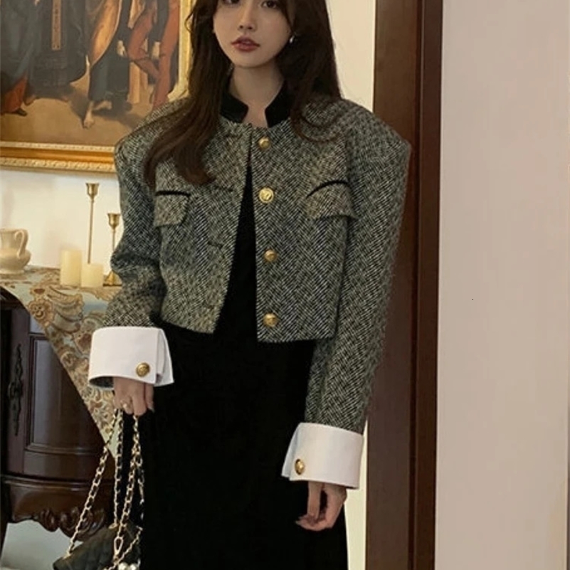 Woherb Fashion Korean Chic Vintage Tweed Jacket Coat Women Spring Contrast Color Cropped Jackets Elegant Office Lady Outwear 241008