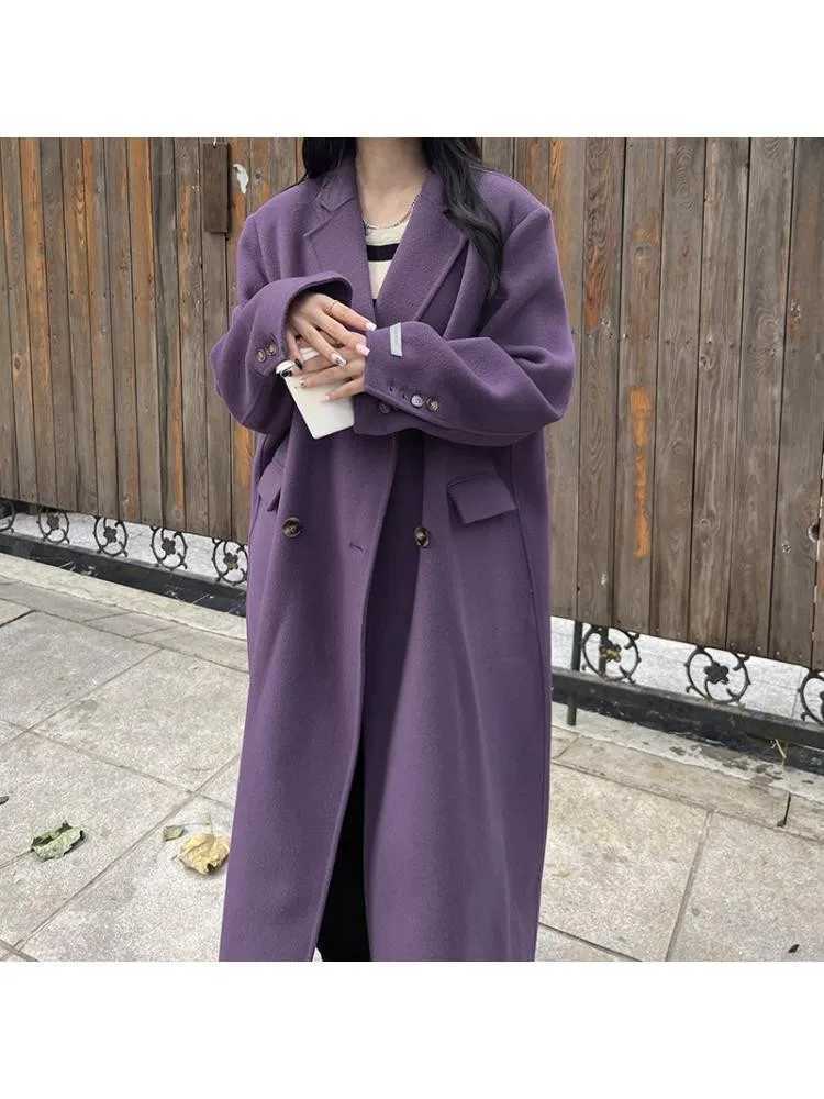 2022 Winter Double Breasted Long Handmade 100% Wool Coat Women Korean Style High End Suit Collar Loose Woolen Jacket OvercoatX241009