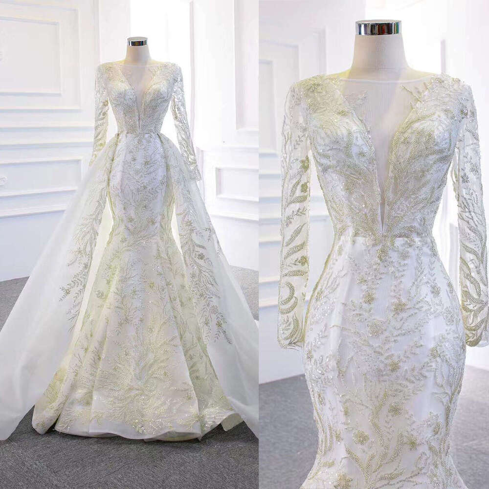 Wedding Gorgeous Dresses Mermaid O Neck Sequined Detachable Train Long Sleeve Princess Bride Dress Vestido De Novia Custom Made