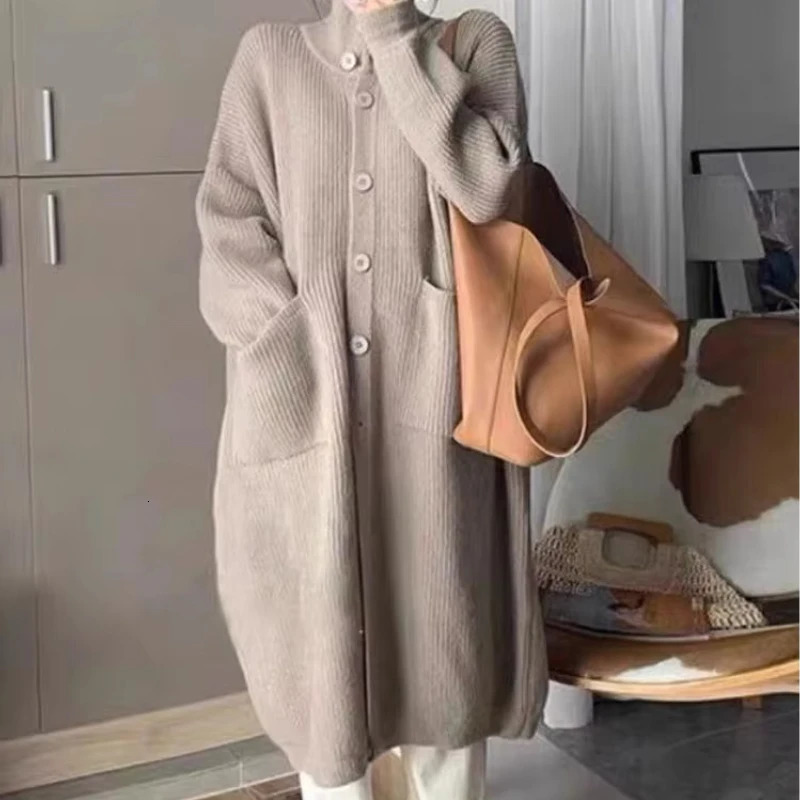 Womens long sleeved knitted cardigan solid casual single chest high neck double pocket jacket winter coat 241007