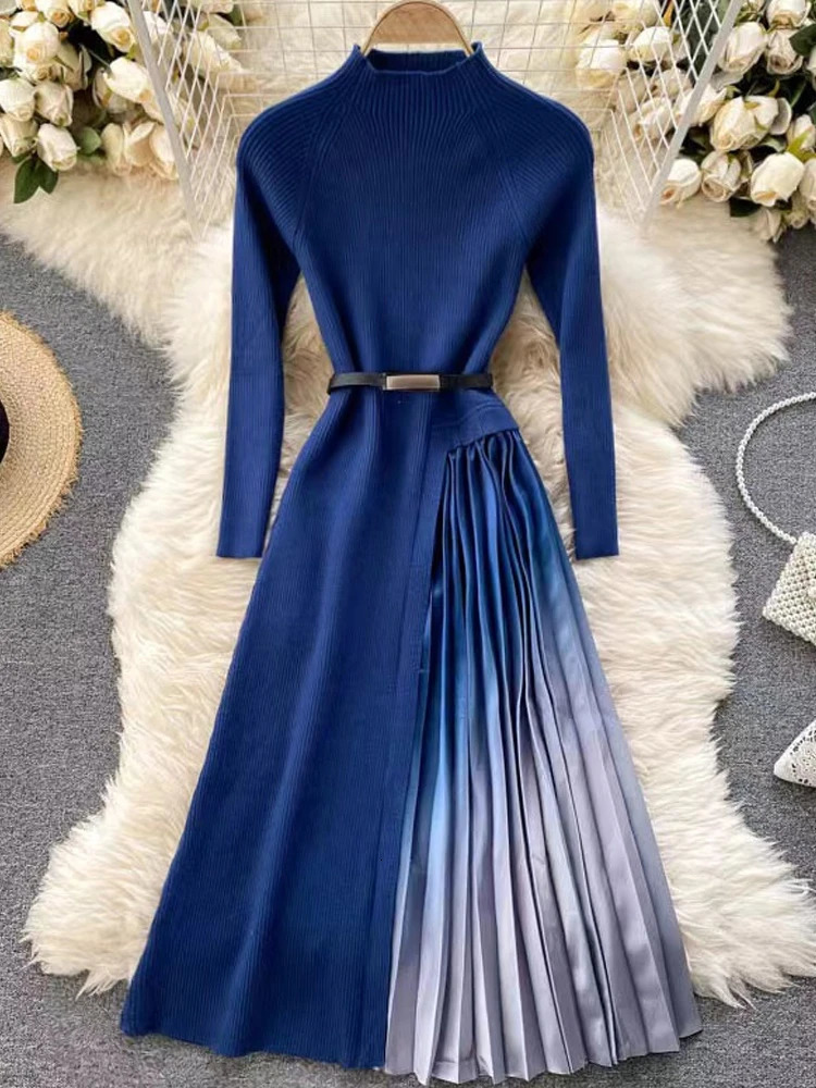 Autumn and Winter Womens Gradient Color Patchwork Sweater Elegant Long Sleeve Midi Knitted Party Vest with Belt 241007