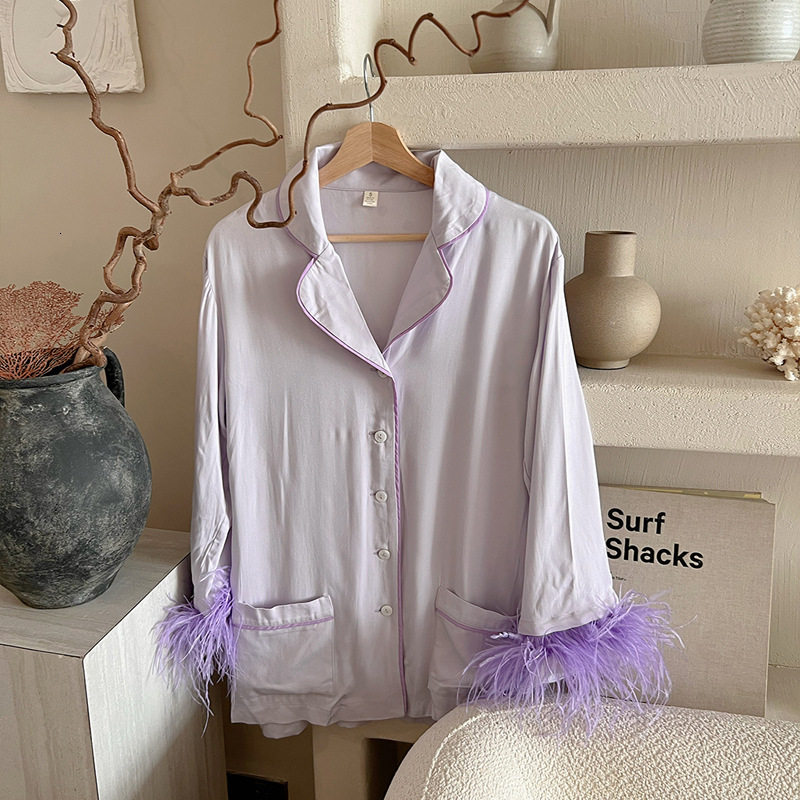 2024 Long Sleeved Sleepwear 100% Ostrich Feather Pamas For Women Home Clothes Two Piece Purple Pama Set Party Wear