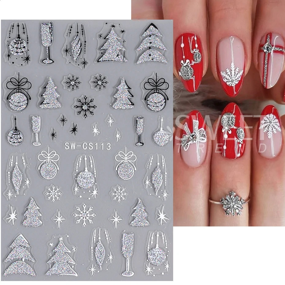 Silver Flash Christmas Nail Stickers 3D Winter Tree Snowflake Feather Lantern Gift Wine Holographic Ergonomic Slide Tips 241008