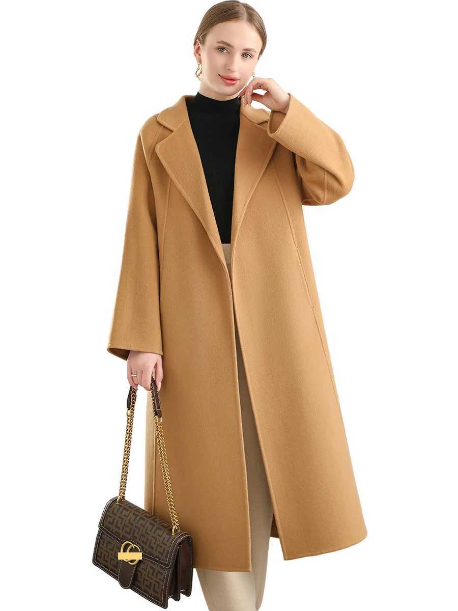 Women Classic 100% Wool Long Coat Turn-down Collar Belt Double Layer Wide Notch Lapel Full Sleeve Overcoat 22 Fall Winter #17X241009
