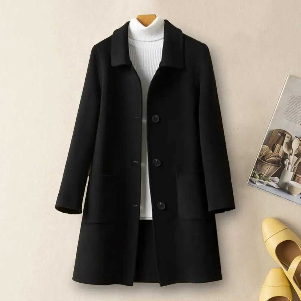 Fall Winter Women Woolen Coat Loose Solid Color Thick Cold Resistant Jacket Single-breasted Lapel Mid Length Long Sleeve CoatX241009