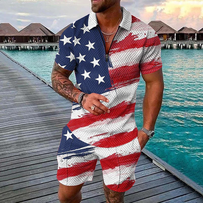 3D printed American flag mens track suit short sleeved zipper collar polo shirt short sleeved set 2-piece mens streetwear set 240930