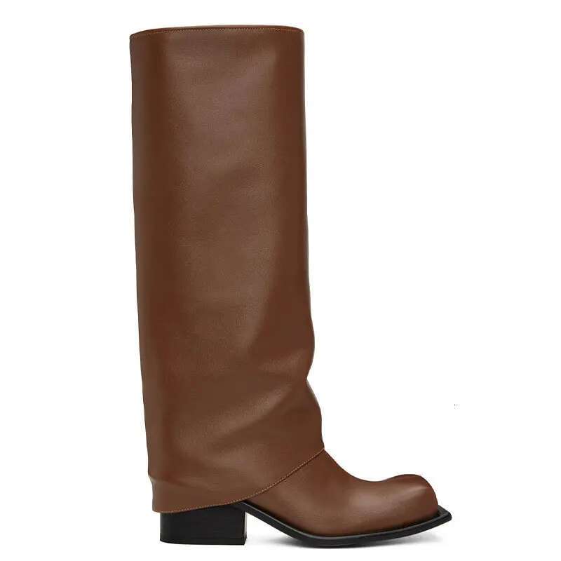 2023 New Big Apron Square Round Head Long Barrel Women's Genuine Leather Thick Sole Metal Knight Boots
