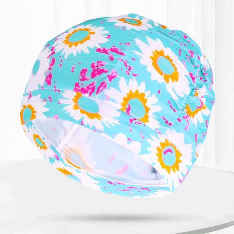 Folding flower petal fabric swimming cap swimming pool beach protection long hair ear shower cap CL241009