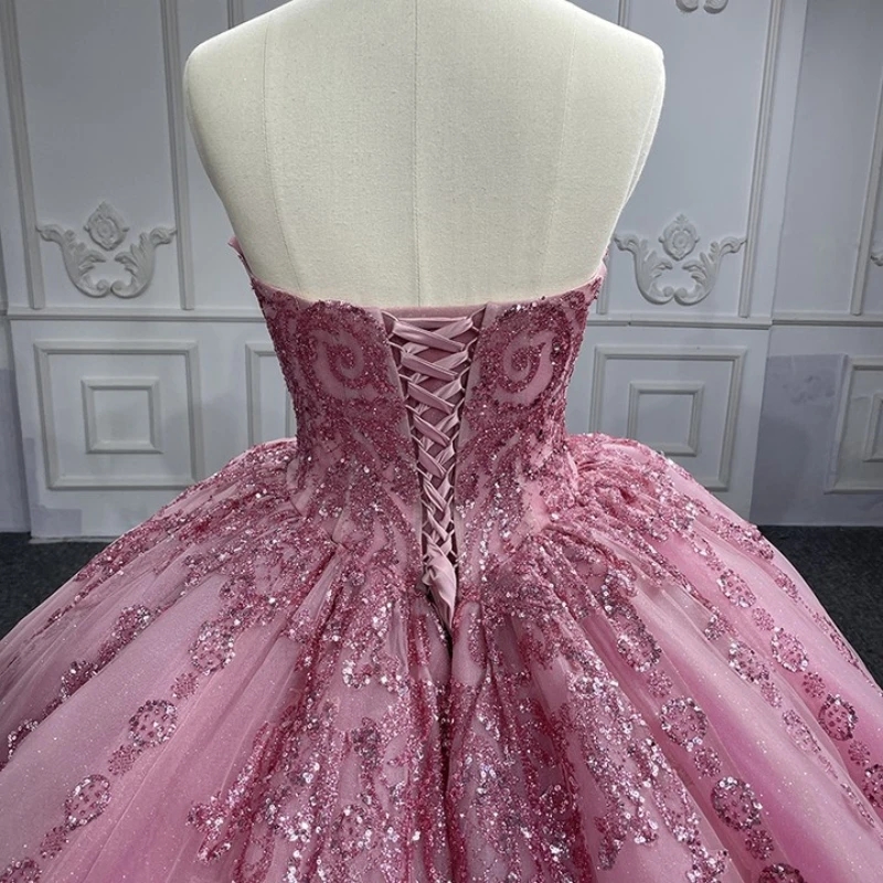 Luxury Pink Glittering Sweetheart Quinceanera Dresses Off Shoulder Sequin Applique Lace Beads Tulle Vestidos De 15 Anos Sweet 16 Dress