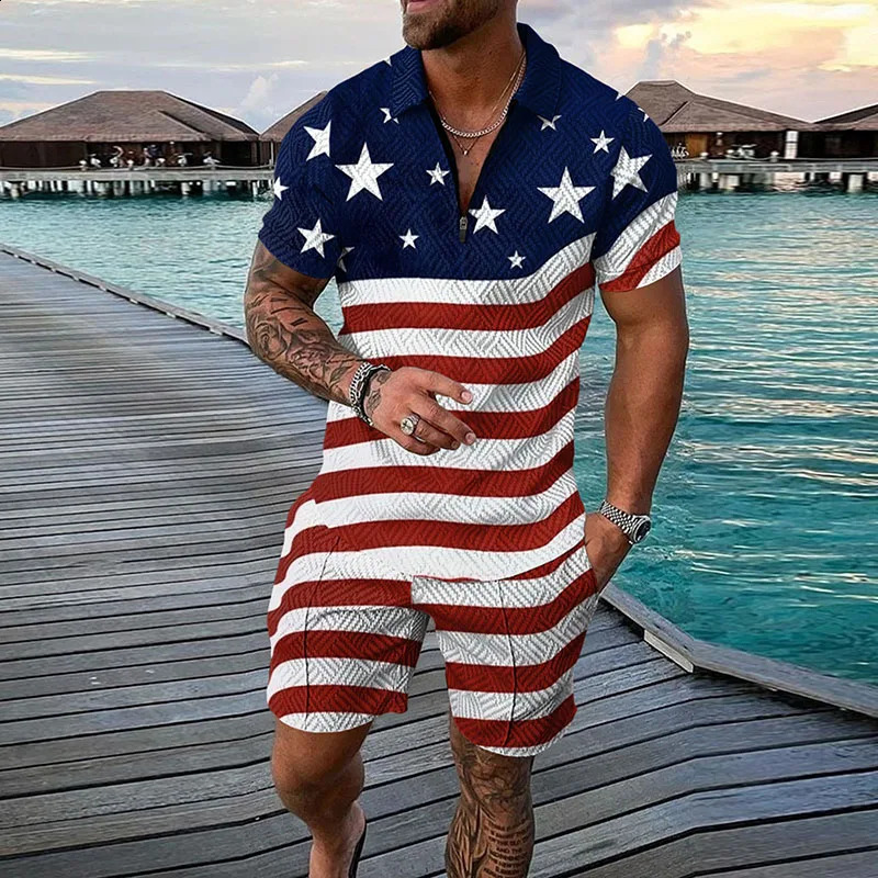 3D printed American flag mens track suit short sleeved zipper collar polo shirt short sleeved set 2-piece mens streetwear set 240930