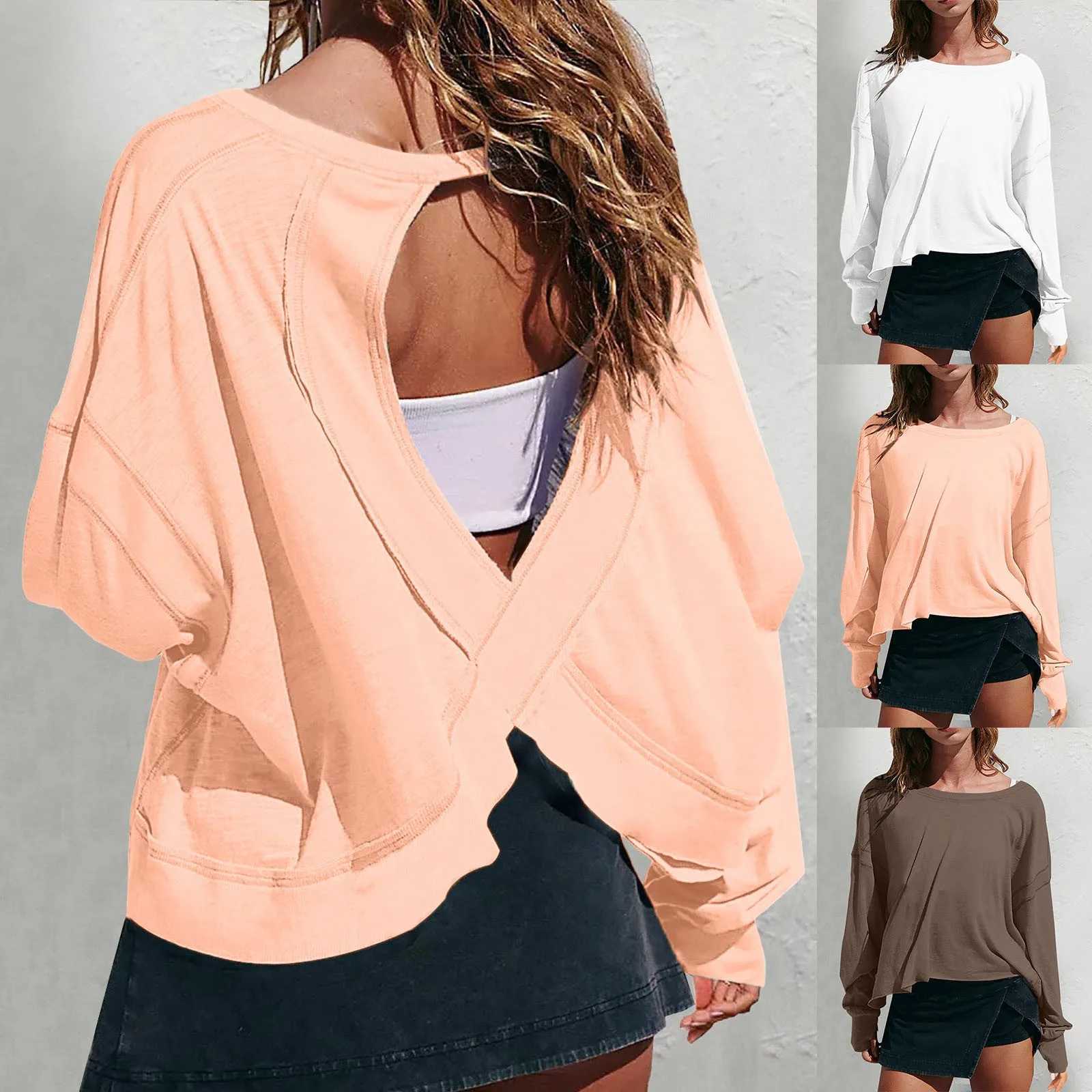 Womens open back exercise top long sleeved sports T-shirt backless round neck gym running yoga casual wear M241009